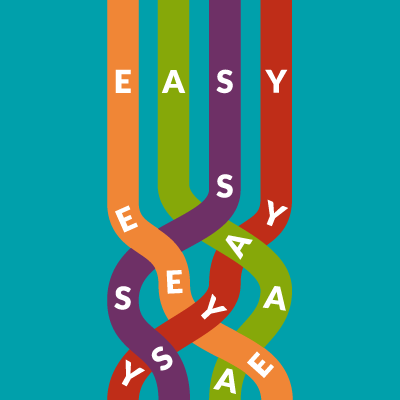 Logo of International Easy Language Day. Four coloured lines from top to bottom containing the letters E, A, S, Y from left to right in orange, green, purple and red on blue background. The lines with the letters entangle towards the bottom.